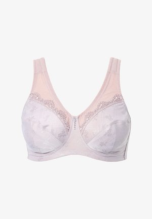 Lichtroze beha met kantafwerking en een gemêleerd patroon. Beschikt over verstelbare bandjes en een kleine decoratieve versiering in het midden.