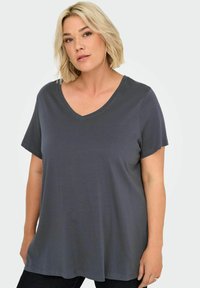 Grijze V-hals T-shirt, korte mouwen, gemaakt van zacht materiaal met een ontspannen pasvorm. Glad oppervlak en eenvoudig ontwerp zonder versieringen.