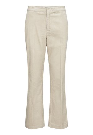 Beige corduroy leveled pants with a textured finish, featuring a smooth waistband and a standard front closure for easy wear.