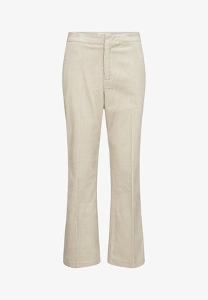 Beezid jooted flared püksid tekstureeritud viimistlusega, millel on sile vöökoht ja tavaline esikinnitus, et mugavalt selga panna.