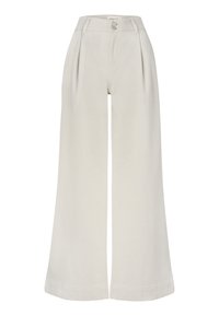 Lichte beige wijde broek met een hoge taille, dubbele knoopsluiting en voorste plooien. Gladde textuur en geen zichtbare patronen.