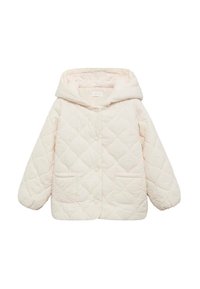 Jachetă tip puffer de culoare roz deschis, cu un model matlasat, glugă, nasturi frontali și două buzunare laterale. Textură moale a materialului.