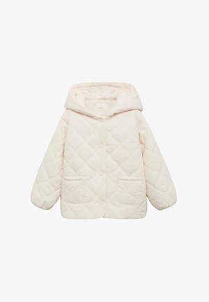 Bunda s kapucí v světle růžové barvě, s prošívaným vzorem, předními knoflíky a dvěma postranními kapsami. Měkká textilie.