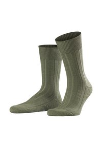 Olivgrüne, gerippte Stricksocken mit verstärkter Spitze und Ferse, glatter Textur und mittlerer Schafthöhe.