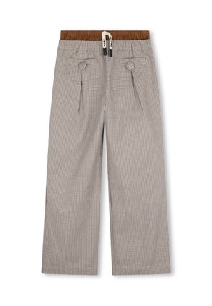 Pantalon beige à jambes larges avec petit motif à carreaux, ceinture élastique marron et plis sur le devant avec détails de boutons, posé à plat sur fond blanc.