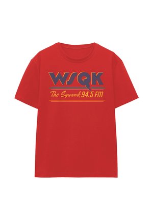 Red cotton t-shirt with short sleeves, featuring a graphic print in blue and yellow that reads "WSQK The Squawk 94.5 FM."