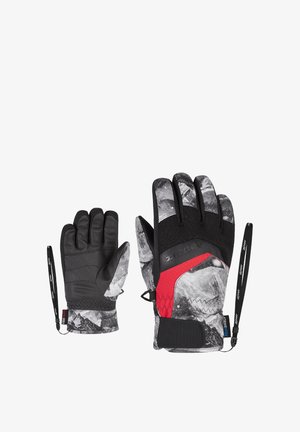 Gants à motif noir et blanc avec un accent rouge. Les caractéristiques incluent une prise texturée, des poignets élastiques et des sangles de poignet ajustables pour un bon ajustement.