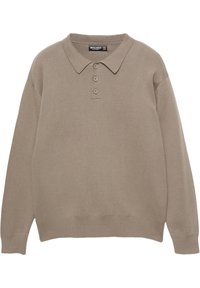 Beige svetr s klasickým polo límcem, tříknoflíkovou légou a žebrovanými manžetami, vyrobený z měkkého pleteného materiálu.
