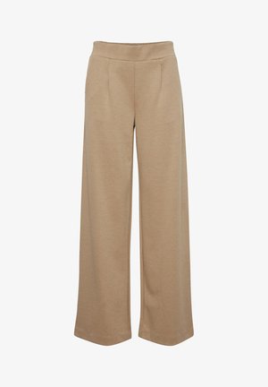 Beige weite Hose aus weichem Stoff mit zwei vorderen Falten, elastischem Bund und glatter Textur.