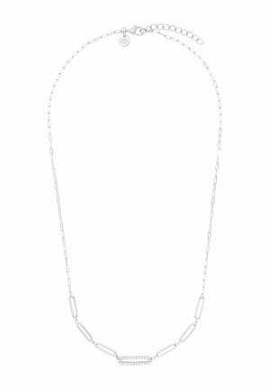 Collier en argent avec des maillons alternant entre ovale long et style trombone, présentant un maillon central avec de petits cristaux incrustés et un fermoir à pince.