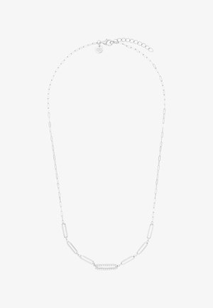 Silberne Halskette mit abwechselnd langen ovalen und bügelartigen Gliedern, mit einem mittleren Glied mit kleinen eingearbeiteten Kristallen und einem Karabinerverschluss.
