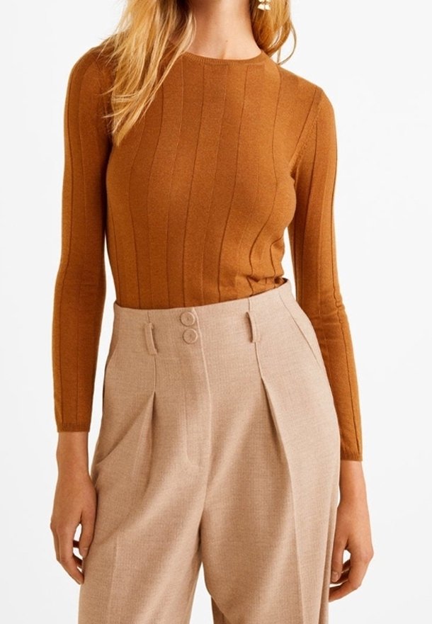 Femme portant un haut marron côtelé à manches longues ajusté, rentré dans un pantalon plissé beige taille haute avec une fermeture à double bouton.