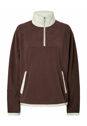 Pullover en polaire marron avec des accents blancs, col haut, fermeture éclair frontale mi-zip, poches latérales, et ourlet et poignets côtelés. Texture douce, coupe décontractée.