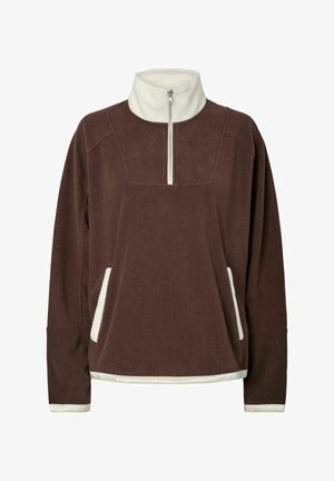 Pruun fliispullover valgete aktsentidega, kõrge kaelusega, pool-kingaga ees, küljetaskud ning ribakudumine all ja varrukatel. Pehme tekstuur, mugav lõige.