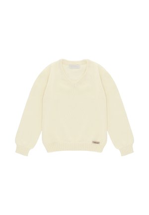 Jersey de punto color crema con mangas largas, cuello en V, puños y dobladillo acanalados, y una pequeña etiqueta metálica de la marca cerca del dobladillo.