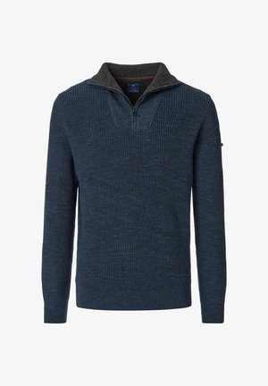 Knitted navy blue pullover sweater with a zippered gray collar. Features ribbed texture and long sleeves, suitable for casual wear.