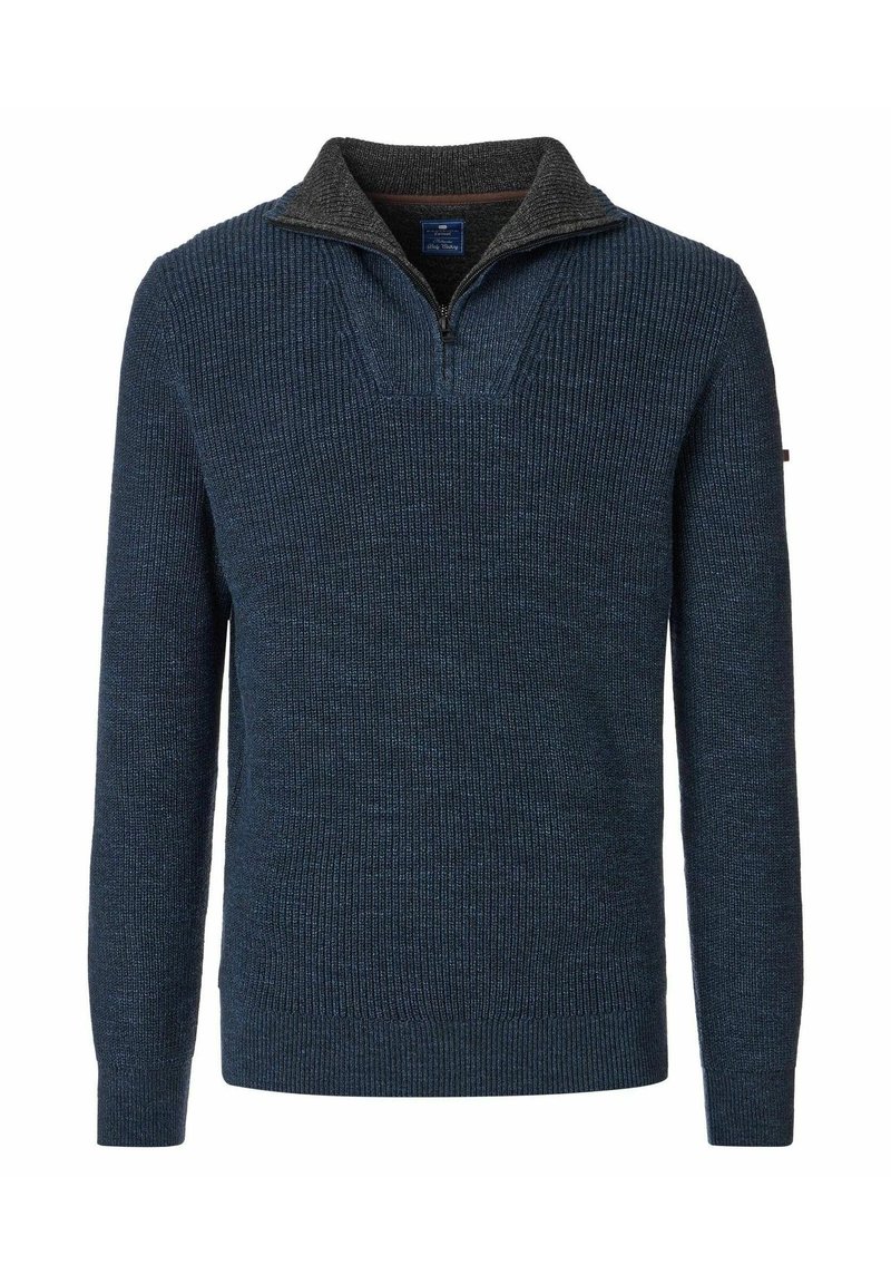 Strickpullover in Marineblau mit einem grauen Reißverschlusskragen. Verfügt über eine gerippte Textur und lange Ärmel, geeignet für lässige Anlässe.
