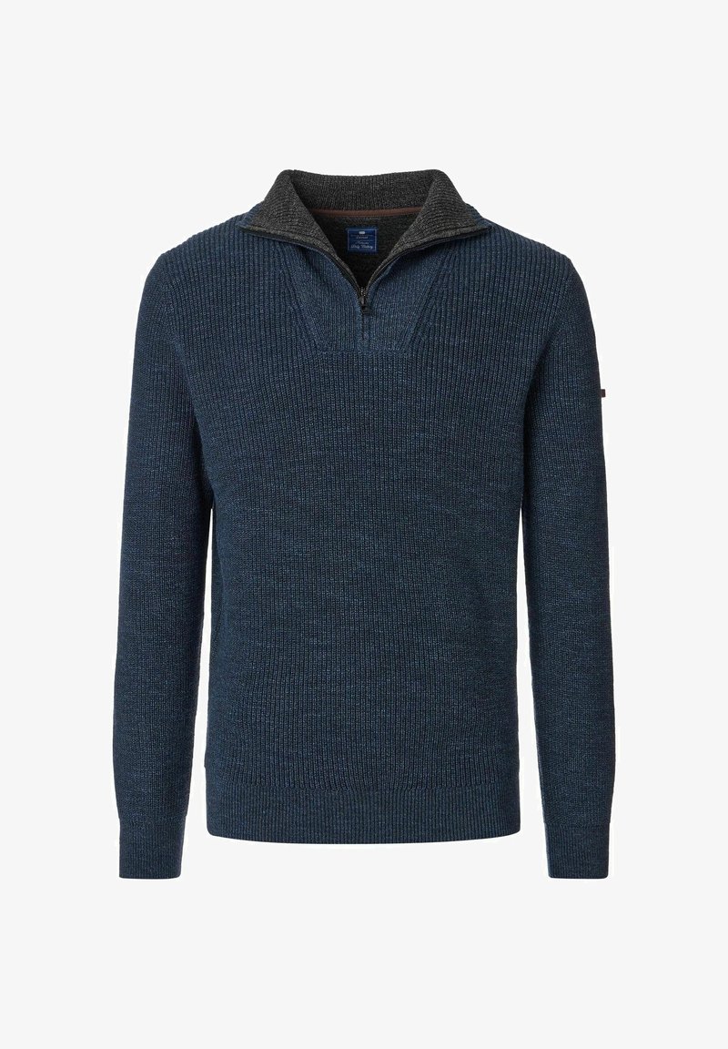 Strickpullover in Marineblau mit einem grauen Reißverschlusskragen. Verfügt über eine gerippte Textur und lange Ärmel, geeignet für lässige Anlässe.