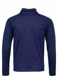 Marineblaues Langarm-Polohemd mit hohem Kragen, das kontrastierende Ärmeltaschen aufweist, eine glatte Textur hat und ein schlichtes Design bietet. Keine sichtbaren Grafiken.