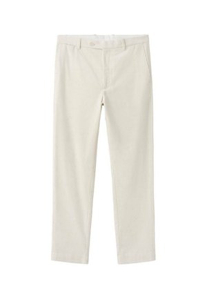 Pantaloni in velluto a coste di cotone color crema con strisce verticali, tasche frontali e una semplice chiusura con bottone in vita.