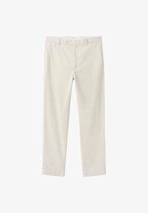 Roomkleurige corduroy broek van katoen met verticale strepen, voorzakken en een eenvoudige knoopsluiting in de taille.