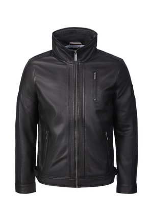 Schwarze Lederjacke mit Stehkragen, Frontreißverschluss, einer vertikalen Brusttasche und zwei seitlichen Reißverschlusstaschen.