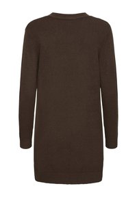 Robe-pull tricotée marron foncé à manches longues, col rond, poignets et ourlet côtelés, vue de dos.