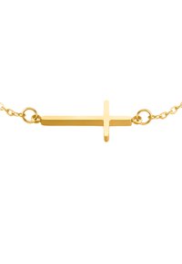 Guldtonet kors halskæde med et poleret, minimalistisk design på en delikat kæde med cirkulære led. Korset er vertikalt forlænget.