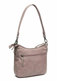 Borsa a spalla in morbido lavanda con tracolla regolabile, chiusura superiore a zip e tasca frontale con zip. Dettaglio di cucitura sottile sul corpo.