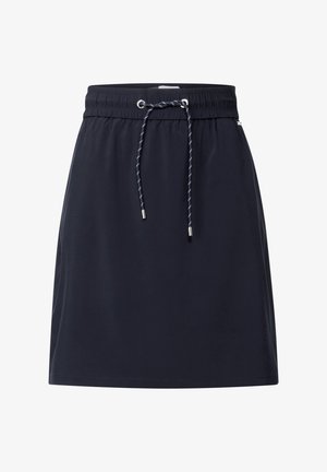 Marineblå nederdel med elastisk talje og justerbar snor, letvægtsstof og lige snitdesign, velegnet til afslappet brug.