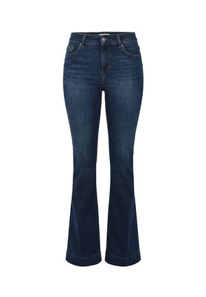Jeans bootcut blu scuro con cinque tasche, passanti per cintura, chiusura con bottone e leggero scolorimento sulle cosce.