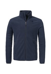 Navy fleece jacket with a high collar, full front zipper, two side zip pockets, and a small logo on the left chest. Soft texture.