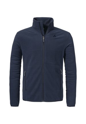 Navy fleece jacket with a high collar, full front zipper, two side zip pockets, and a small logo on the left chest. Soft texture.