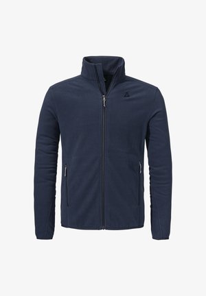 Marineblaue Fleecejacke mit hohem Kragen, durchgehendem Reißverschluss, zwei seitlichen Reißverschlusstaschen und kleinem Logo auf der linken Brust. Weicher Stoff.