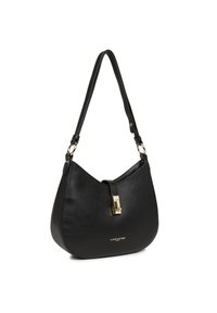 Borsa a tracolla nera in pelle con forma curva, tracolla regolabile e accessori in oro. Presenta una chiusura a scatto e un dettaglio con logo impresso.