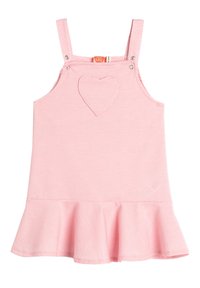 Vaaleanpunainen hihaton mekko, jossa on teksturoitu pinta, sydämen applikaatio ja liehuva alaosa. Nepparit olkaimissa kiinnitystä varten.