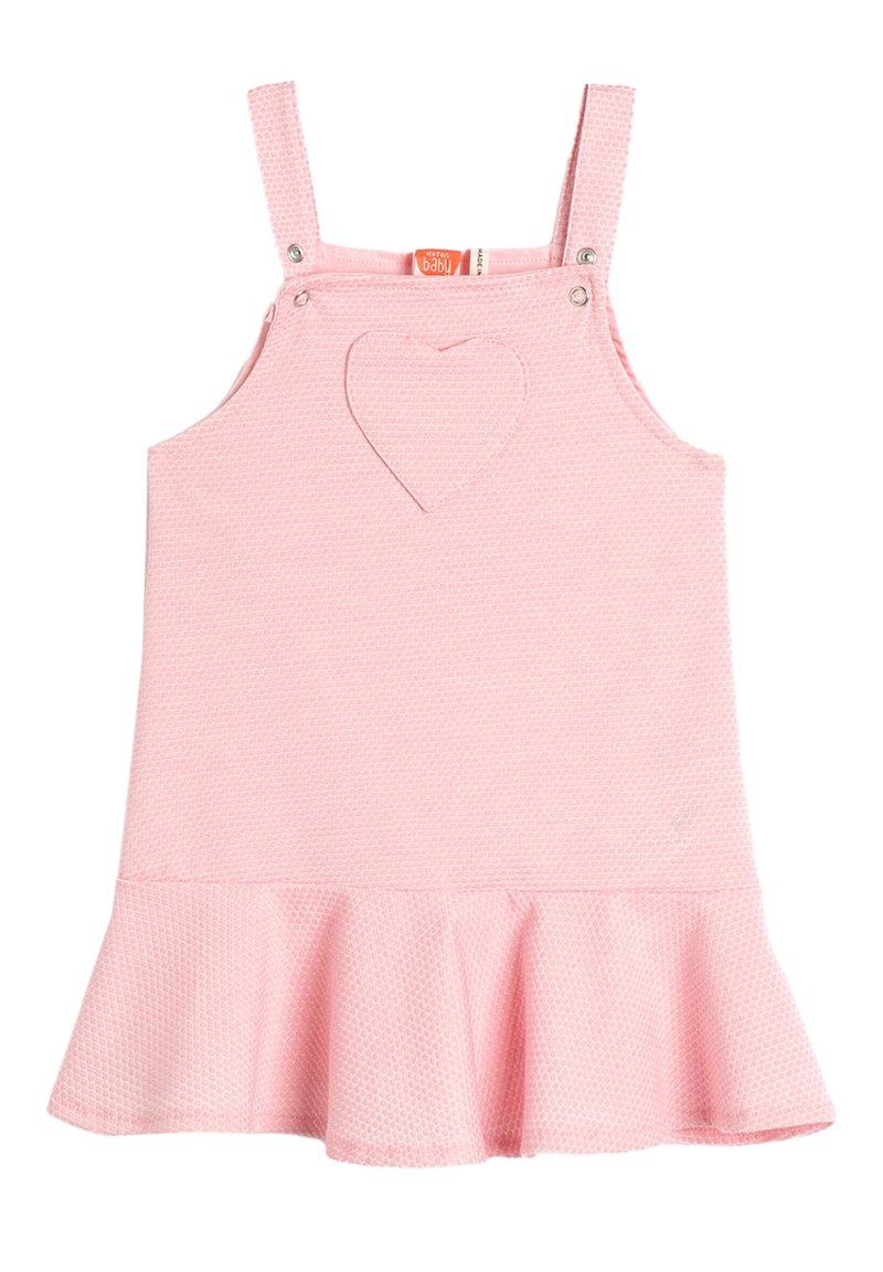 Vaaleanpunainen hihaton mekko, jossa on teksturoitu pinta, sydämen applikaatio ja liehuva alaosa. Nepparit olkaimissa kiinnitystä varten.