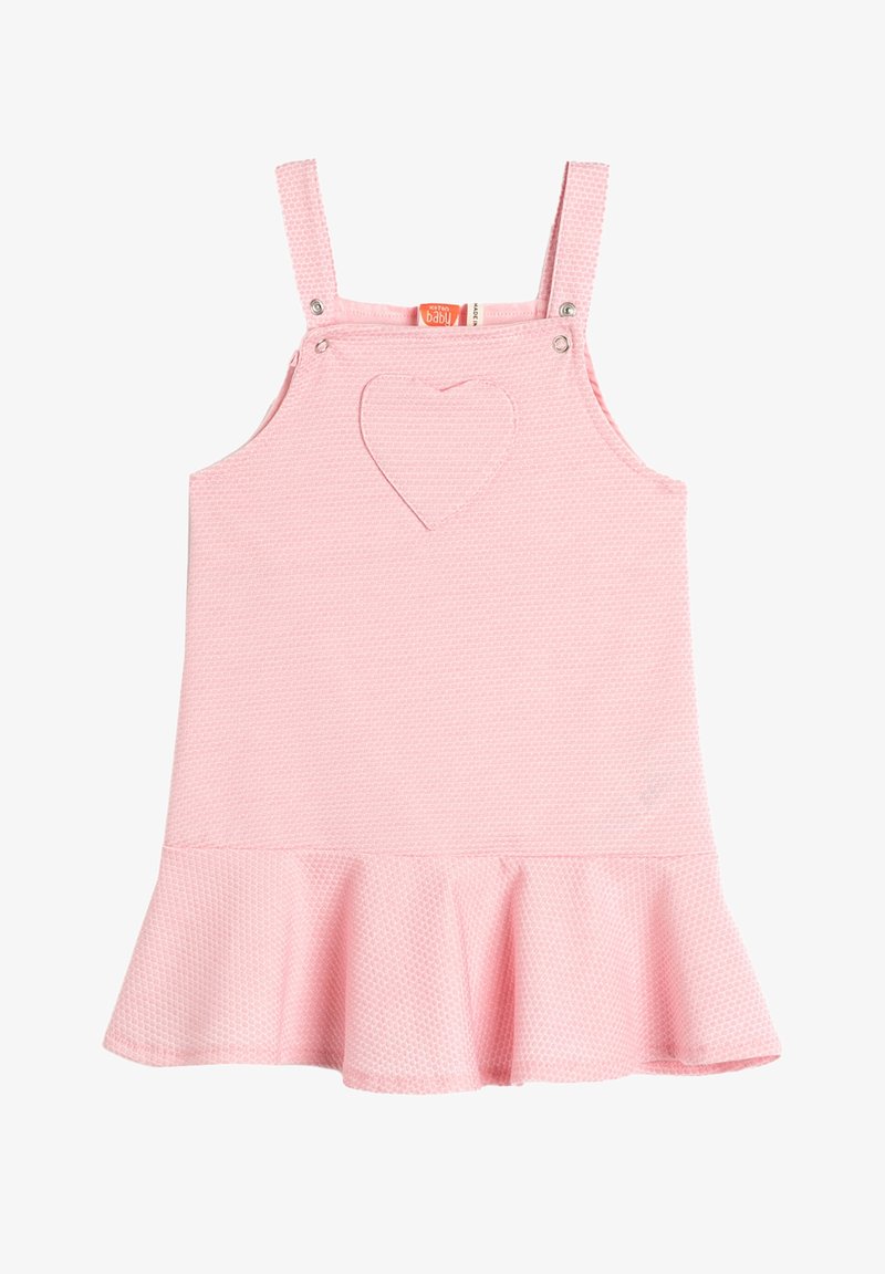 Rosa ärmelloses Kleid mit strukturierten Oberflächen, ausgestattet mit einer Herzapplikation und einem ausgestellten Saum. Druckknöpfe an den Trägern zur Verschluss.