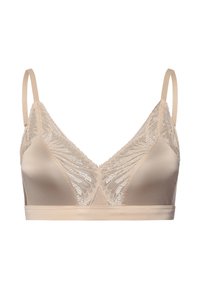 Bralette beige con dettagli in pizzo, coppe a triangolo e spalline regolabili. Finitura in raso liscia e ampia fascia sottostante per supporto.