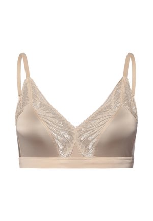 Beige bralette dengan detail renda, cangkir segitiga, dan tali yang dapat disesuaikan. Finishing satin yang halus dan pita bawah yang lebar untuk dukungan.