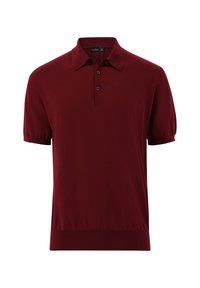Bordeaux Polohemd mit kurzen Ärmeln, dreiknopfiger Knopfleiste und geripptem Saum. Hergestellt aus weichem Stoff mit glatter Textur.