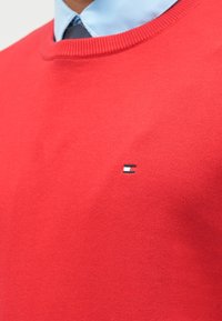 Άνδρας που φοράει κόκκινο πουλόβερ με στρογγυλή λαιμόκοψη πάνω από ανοιχτό μπλε πουκάμισο και σκούρη γραβάτα, δείχνοντας ένα μικρό κεντημένο λογότυπο στο στήθος.