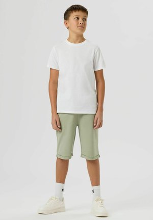 Boy standing wearing a plain white t-shirt, light green knee-length shorts, white socks, and off-white sneakers against a plain background.