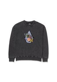 Szary sweatshirt z okrągłym dekoltem, z kolorową graficzną ilustracją w kształcie trójkąta na klatce piersiowej oraz ściągaczami na rękawach i na dole.
