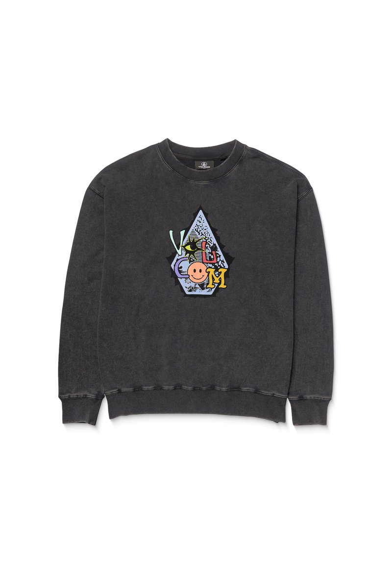 Szary sweatshirt z okrągłym dekoltem, z kolorową graficzną ilustracją w kształcie trójkąta na klatce piersiowej oraz ściągaczami na rękawach i na dole.