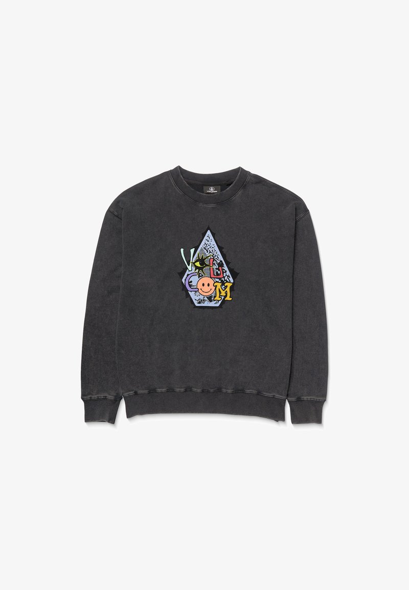 Grijze sweatshirt met een ronde hals, voorzien van een kleurrijk driehoekig grafisch ontwerp op de borst, en ribgebreide manchetten en zoom.