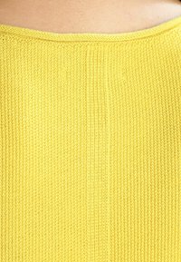 Gelbes Strickteil aus einem strukturierten Stoff, mit einem weiten Halsausschnitt und vertikalen Nahtdetails auf der Rückseite. Weiches und leichtes Material.