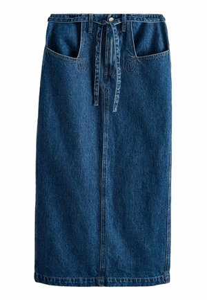 Denim skirt featuring a high waist, front tie detail, and two large pockets. Dark blue color with subtle texture and standard stitching.