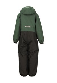 Combinaison de ski isolée une pièce verte et noire avec une capuche, des poignets élastiques et une finition texturée. Comprend une étiquette de logo au dos.
