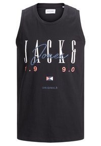 Černý bezrukávový top s nápisem "JACK & Jones 1990" a malým trojúhelníkovým logem nad slovem "ORIGINALS" na přední straně.